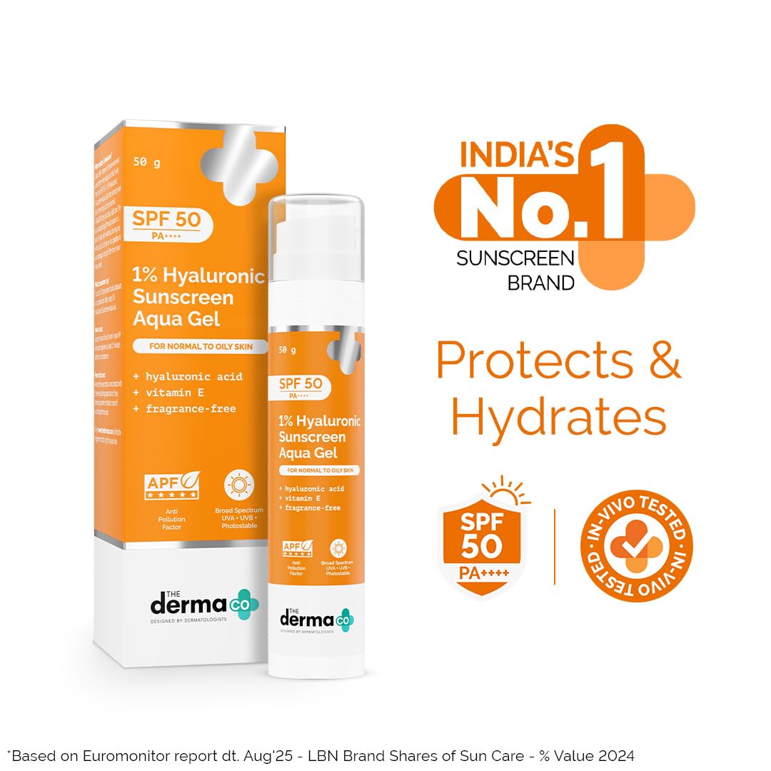 The Derma Co 1% Hyaluronic Sunscreen Aqua Gel SPF 50 PA++++ | Hydrating, Lightweight & Non-Greasy | No White Cast | Broad Spectrum & Blue Light Protection | Clinically Tested - (In-Vivo) | 50 g