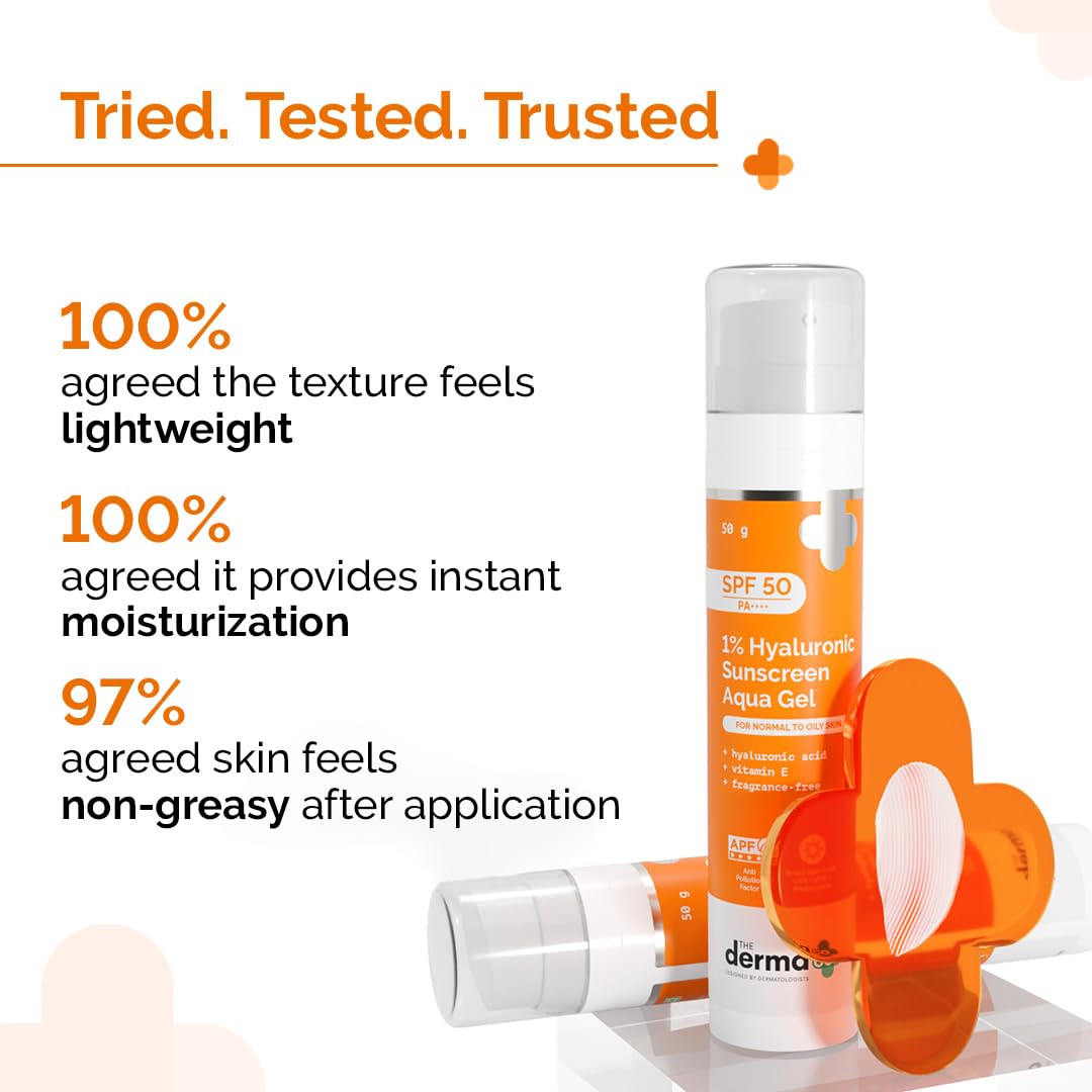 The Derma Co 1% Hyaluronic Sunscreen Aqua Gel SPF 50 PA++++ | Hydrating, Lightweight & Non-Greasy | No White Cast | Broad Spectrum & Blue Light Protection | Clinically Tested - (In-Vivo) | 50 g