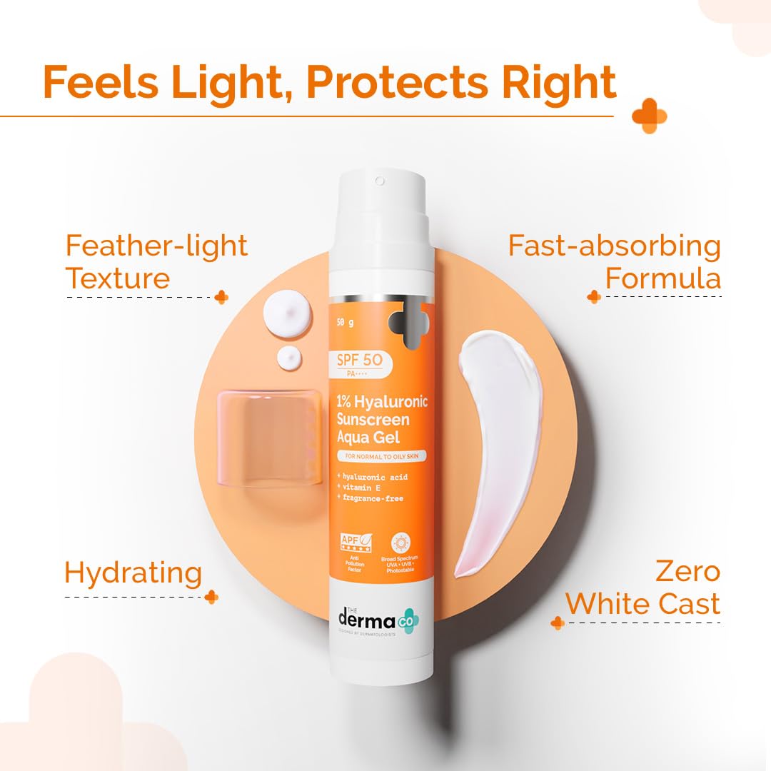 The Derma Co 1% Hyaluronic Sunscreen Aqua Gel SPF 50 PA++++ | Hydrating, Lightweight & Non-Greasy | No White Cast | Broad Spectrum & Blue Light Protection | Clinically Tested - (In-Vivo) | 50 g
