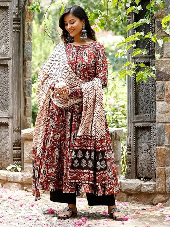 Nermosa Women Printed Anarkali Kurta and Pant Set with Dupatta