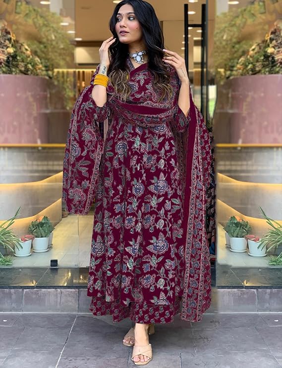 GoSriKi Women's Rayon Viscose Anarkali Printed Kurta with Palazzo & Dupatta