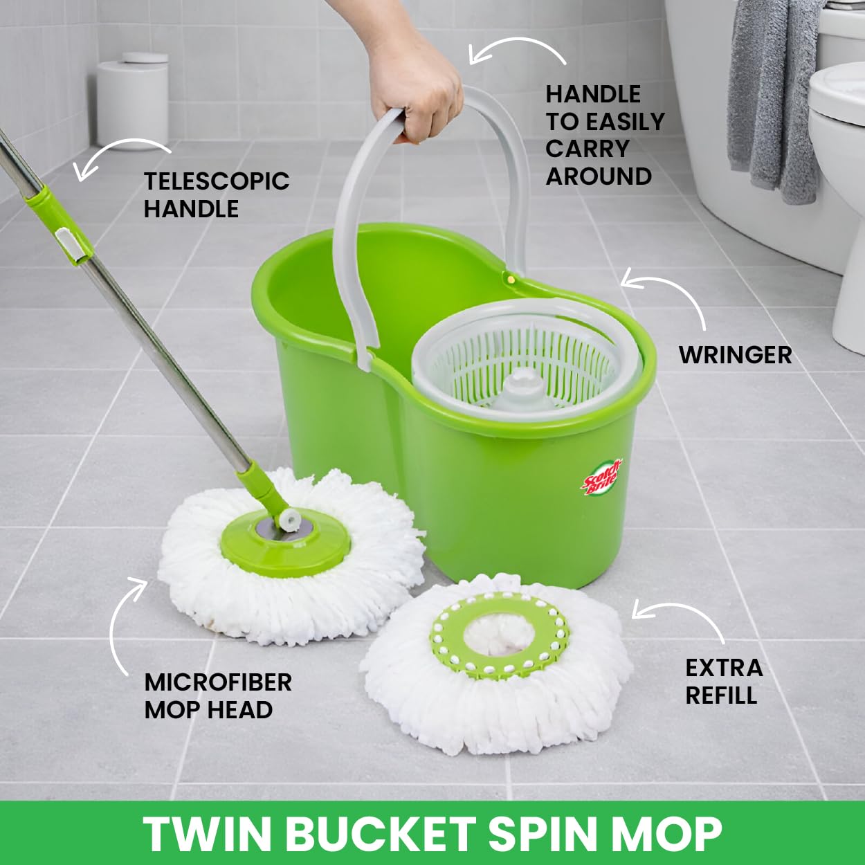 Scotch-Brite Twin Bucket Spin Mop with Easy Wring & Rinse System, 360° Adjustable Handle, High Absorbency Microfiber for Deep Cleaning on All Floor Types, 1 Extra Refill (Green)