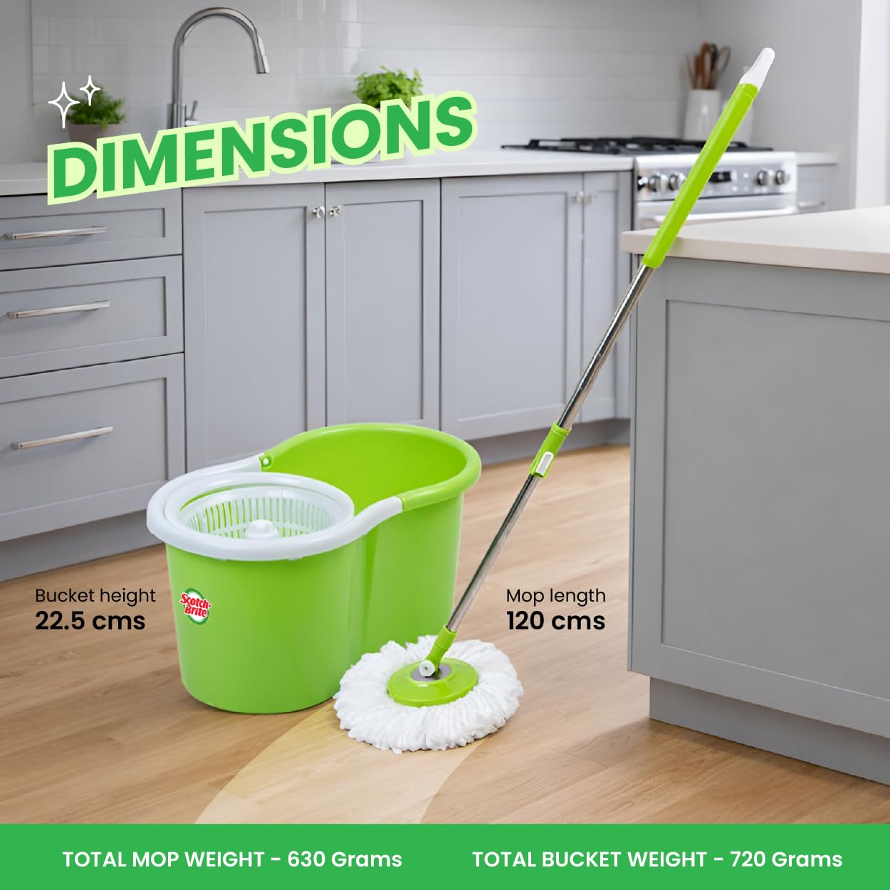 Scotch-Brite Twin Bucket Spin Mop with Easy Wring & Rinse System, 360° Adjustable Handle, High Absorbency Microfiber for Deep Cleaning on All Floor Types, 1 Extra Refill (Green)