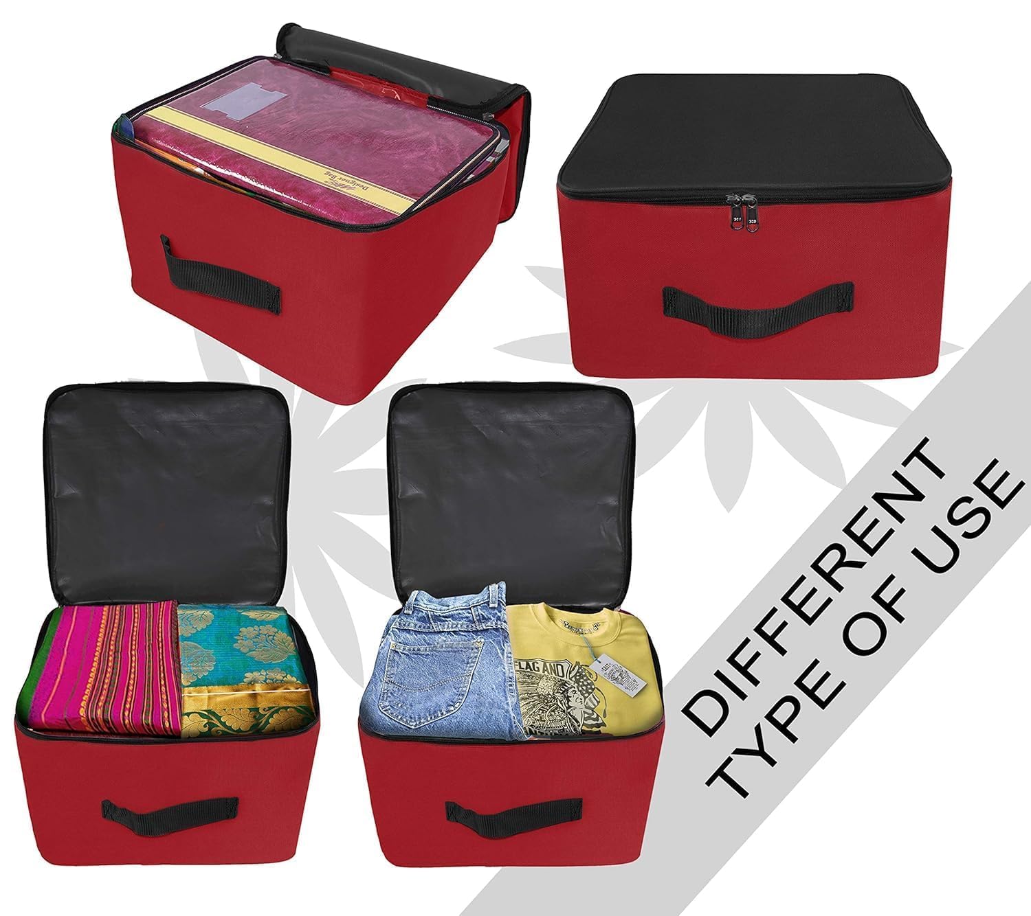 Storite Nylon Wardrobe Bag Underbed Moisture Proof Cloth Storage Organizer, Storage box for Clothes Saree Bags with Zippered Closure & Handle (Red & Black, 38.1x25.4x35 cm) Square