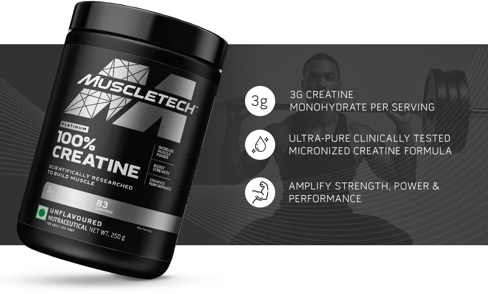 MuscleTech Platinum Creatine Monohydrate Powder | 3 g Creatine Per Serving | Supports Strength, Power & Muscle Recovery | Unflavoured | 83 Servings (250 g)