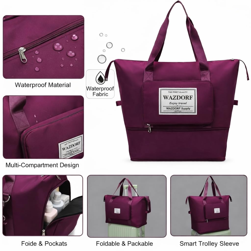 Wazdorf Nylon 41 Liter Expandable Travel Bags for Women, Duffle Bags for Women Luggage, Foldable Vanity Traveling Bag, Waterproof Hand Bag for Ladies Personal Items