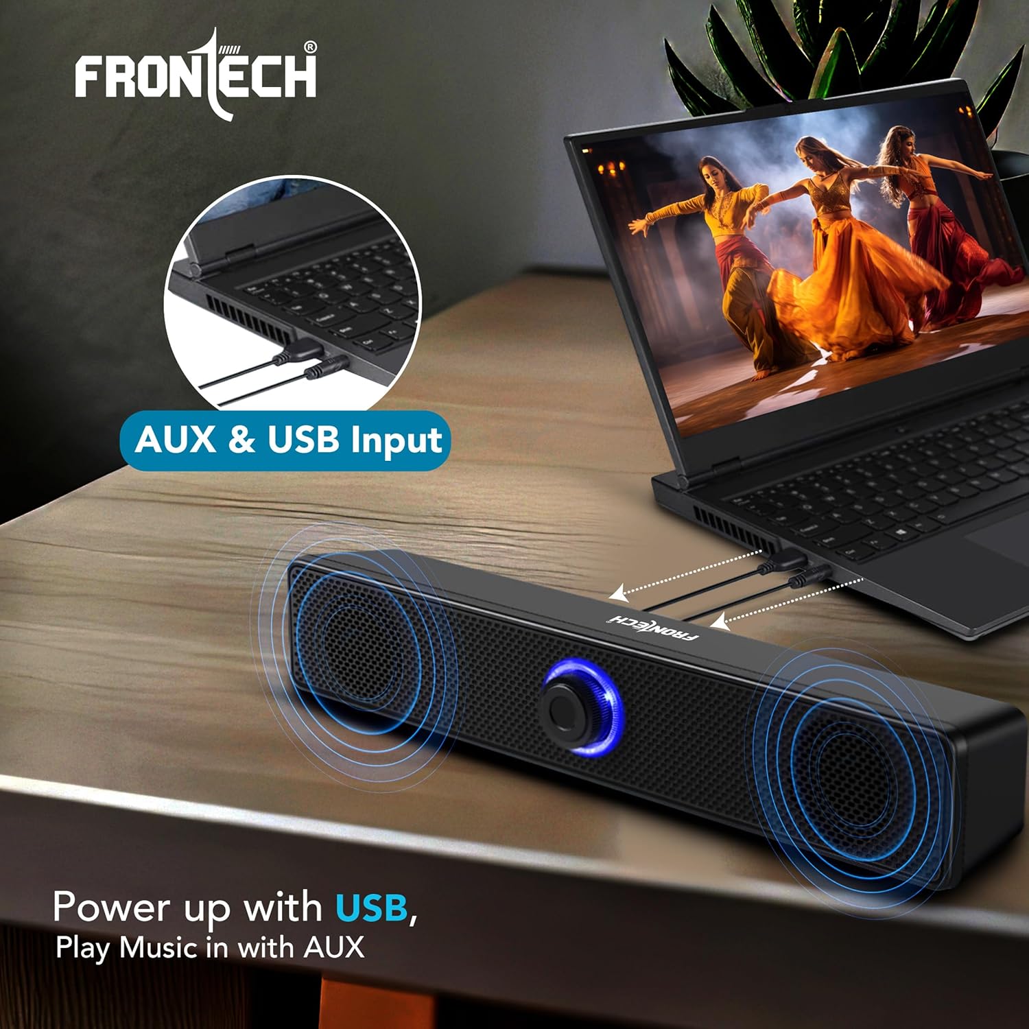 FRONTECH 1.0 USB Powered Multimedia Speakers with RGB Lights | 10W Output Power | AUX/USB Connectivity | for Laptop, PC, Mobile | Volume Control (SPK-0008, Black)