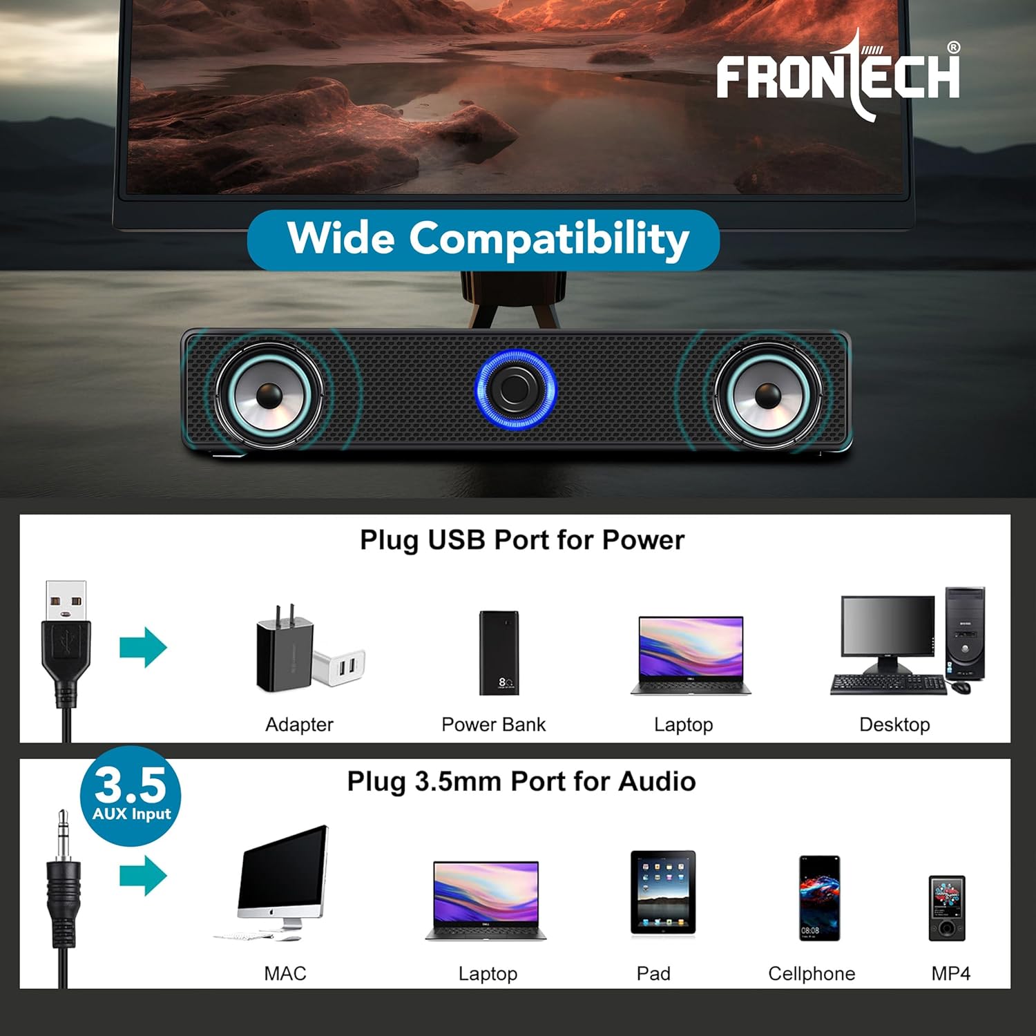 FRONTECH 1.0 USB Powered Multimedia Speakers with RGB Lights | 10W Output Power | AUX/USB Connectivity | for Laptop, PC, Mobile | Volume Control (SPK-0008, Black)