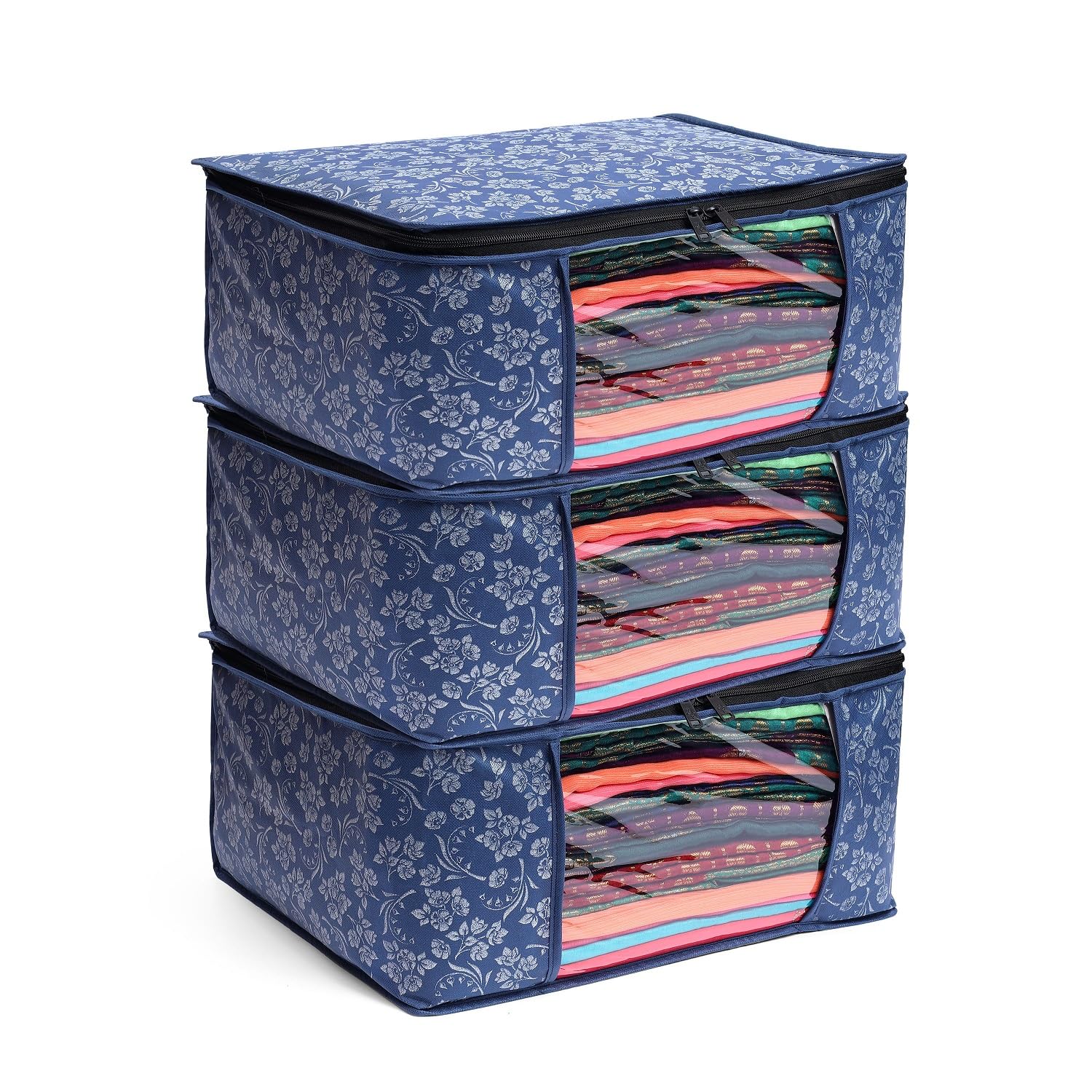 LAXIS® Saree Covers With Zip Non-Woven Printed Saree Cover/Saree Organizer For Wardrobe/Cloth Storage With Transparent Window/Saree Bags Storage/Clothes Organizer (Blue- Pack of 3)