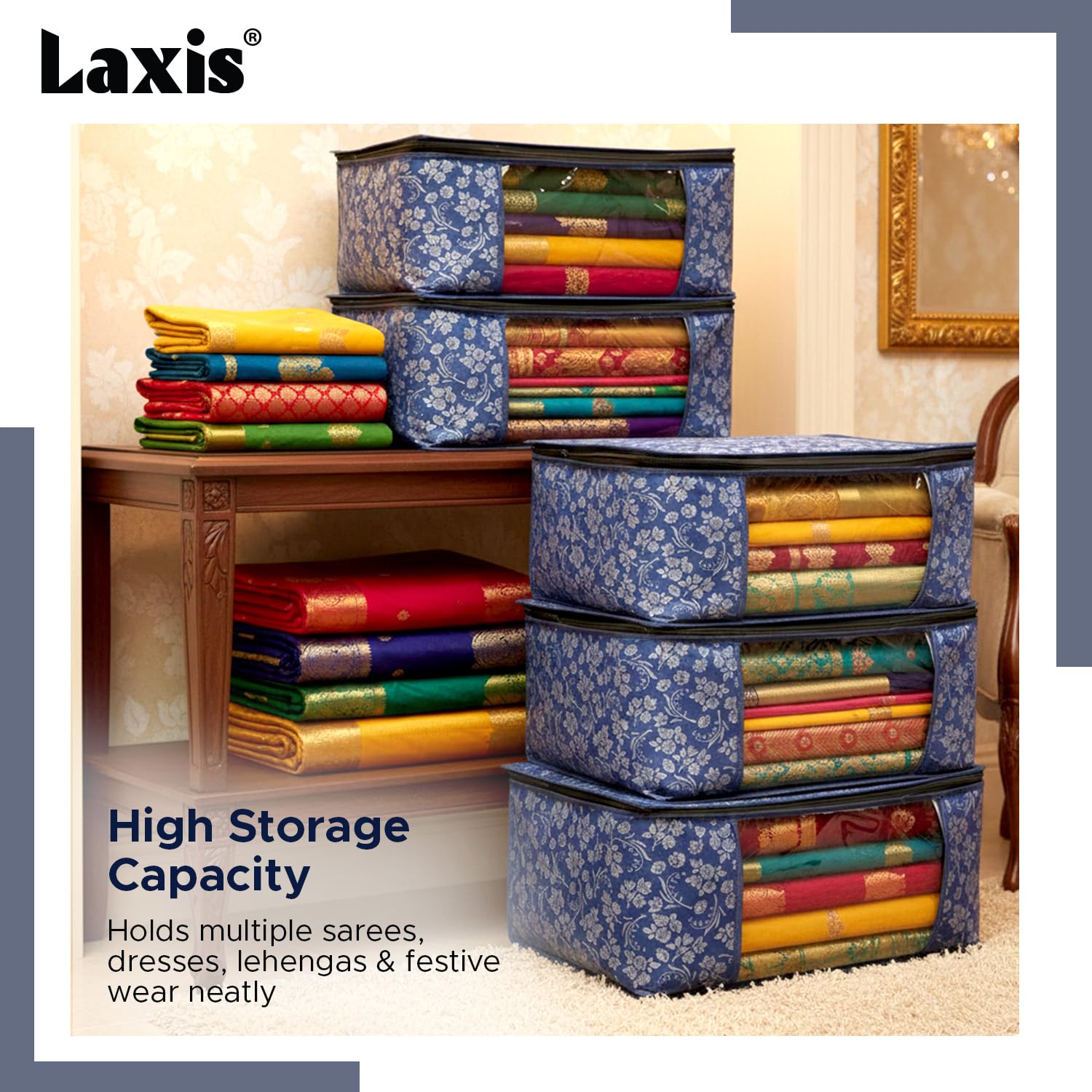 LAXIS® Saree Covers With Zip Non-Woven Printed Saree Cover/Saree Organizer For Wardrobe/Cloth Storage With Transparent Window/Saree Bags Storage/Clothes Organizer (Blue- Pack of 3)