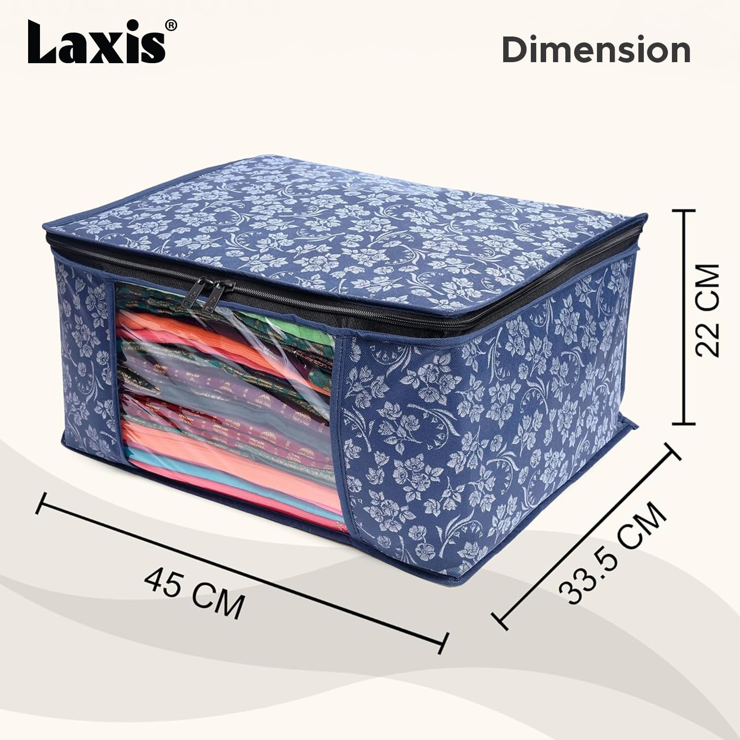 LAXIS® Saree Covers With Zip Non-Woven Printed Saree Cover/Saree Organizer For Wardrobe/Cloth Storage With Transparent Window/Saree Bags Storage/Clothes Organizer (Blue- Pack of 3)