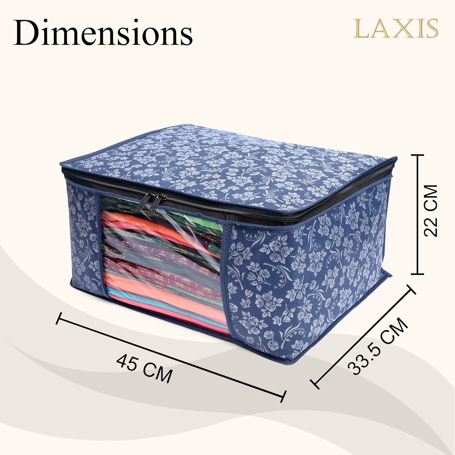 LAXIS® Saree Covers With Zip Non-Woven Printed Saree Cover/Saree Organizer For Wardrobe/Cloth Storage With Transparent Window/Saree Bags Storage/Clothes Organizer (Blue- Pack of 3)