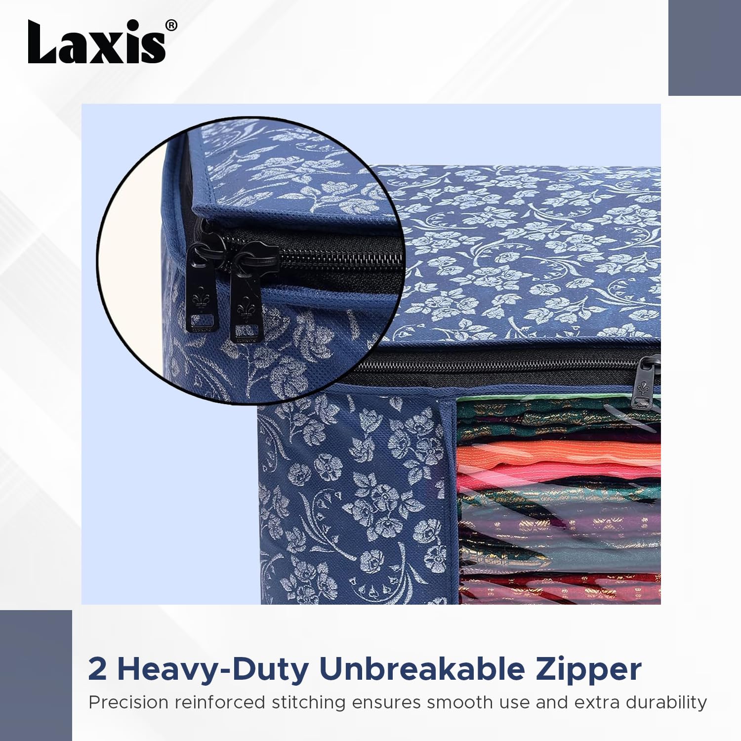 LAXIS® Saree Covers With Zip Non-Woven Printed Saree Cover/Saree Organizer For Wardrobe/Cloth Storage With Transparent Window/Saree Bags Storage/Clothes Organizer (Blue- Pack of 3)