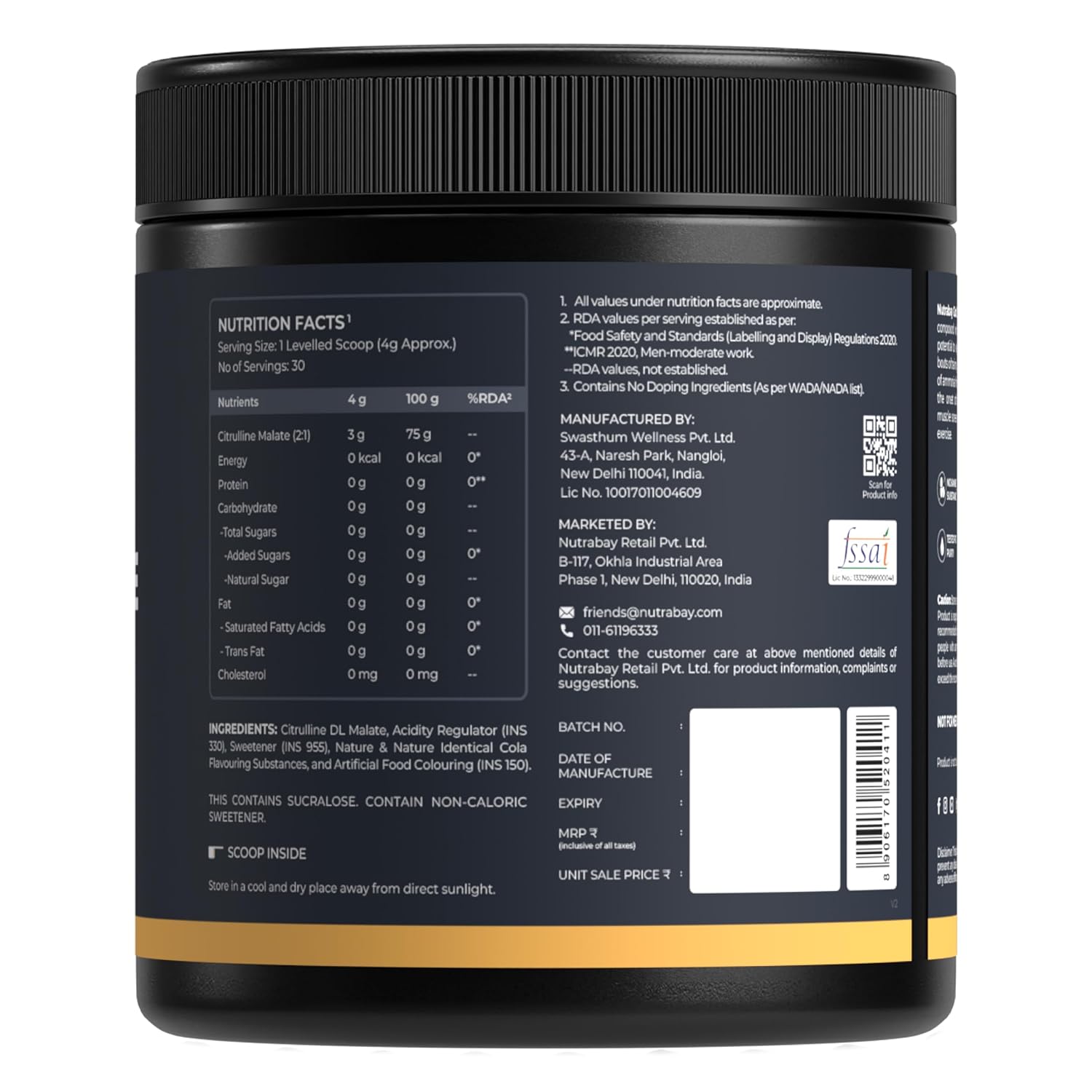 Nutrabay Gold Citrulline Malate 2:1 Supplement Powder 120g, Cola Flavor – Boosts Nitric Oxide – Pre Workout for Muscle Pump, Improved Endurance & Recovery | Tested for Purity | No Banned Substances