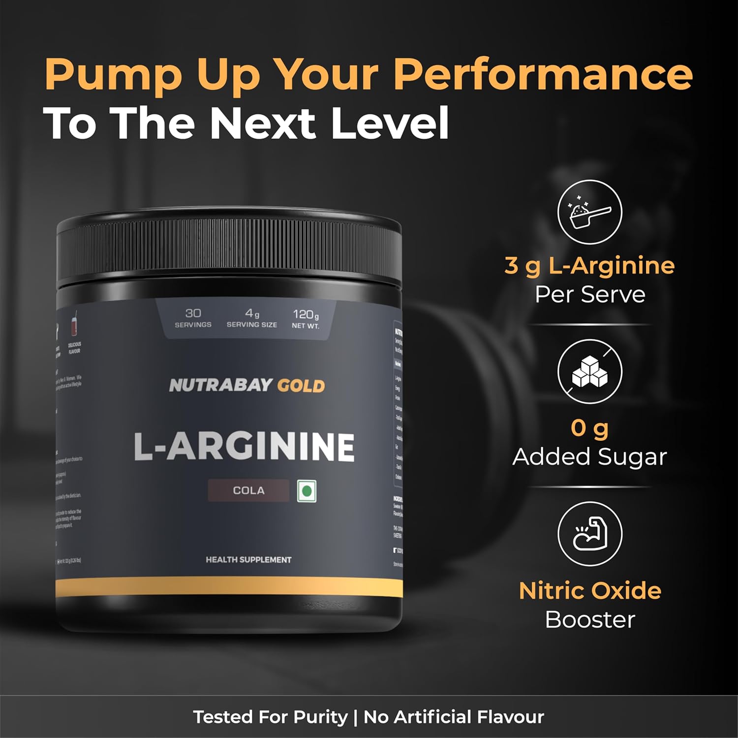 Nutrabay Gold L-Arginine Supplement Powder 120g, Cola Flavor – Pre Workout Amino Acid for Endurance, Muscle Building & Faster Recovery | Tested for Purity | 100% Authentic