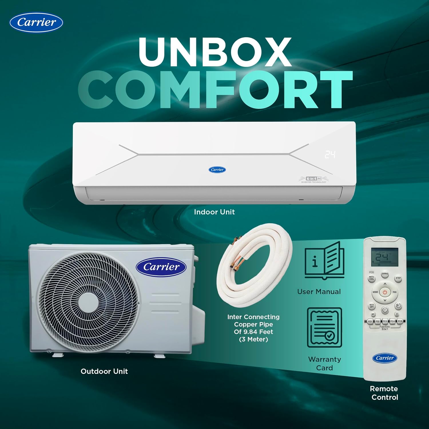 Carrier 1.5 Ton 3 Star, New Star rated, Flexicool Inverter Split AC (Copper, Convertible 6-in-1 with Smart Energy Display, Insta Cool, Auto Clean, PM 2.5 Filter, ESTER EDGE Gxi-CAI18EE3R36F0, White)