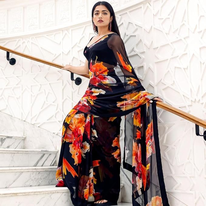 RAJESHWAR FASHION WITH RF Floral Leaf Printed Georgette Sarees For Women With Unstitched Blouse Piece (Black Saree)