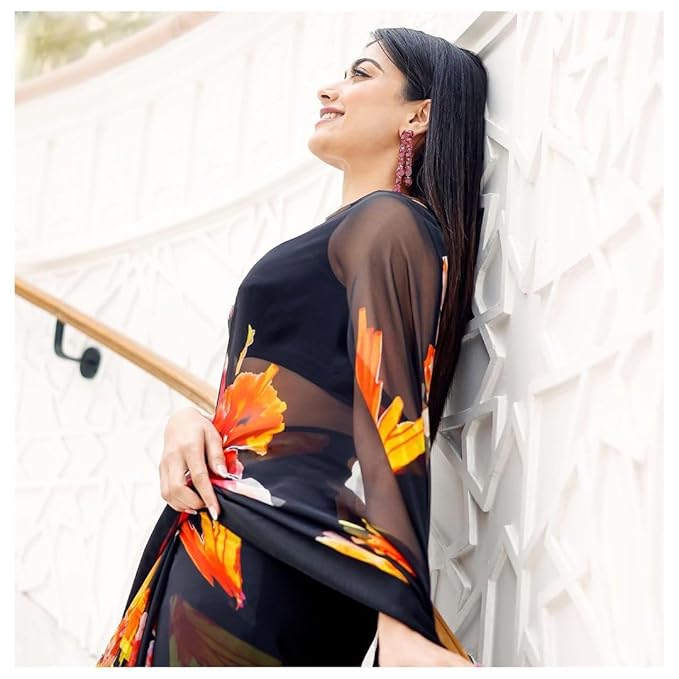 RAJESHWAR FASHION WITH RF Floral Leaf Printed Georgette Sarees For Women With Unstitched Blouse Piece (Black Saree)