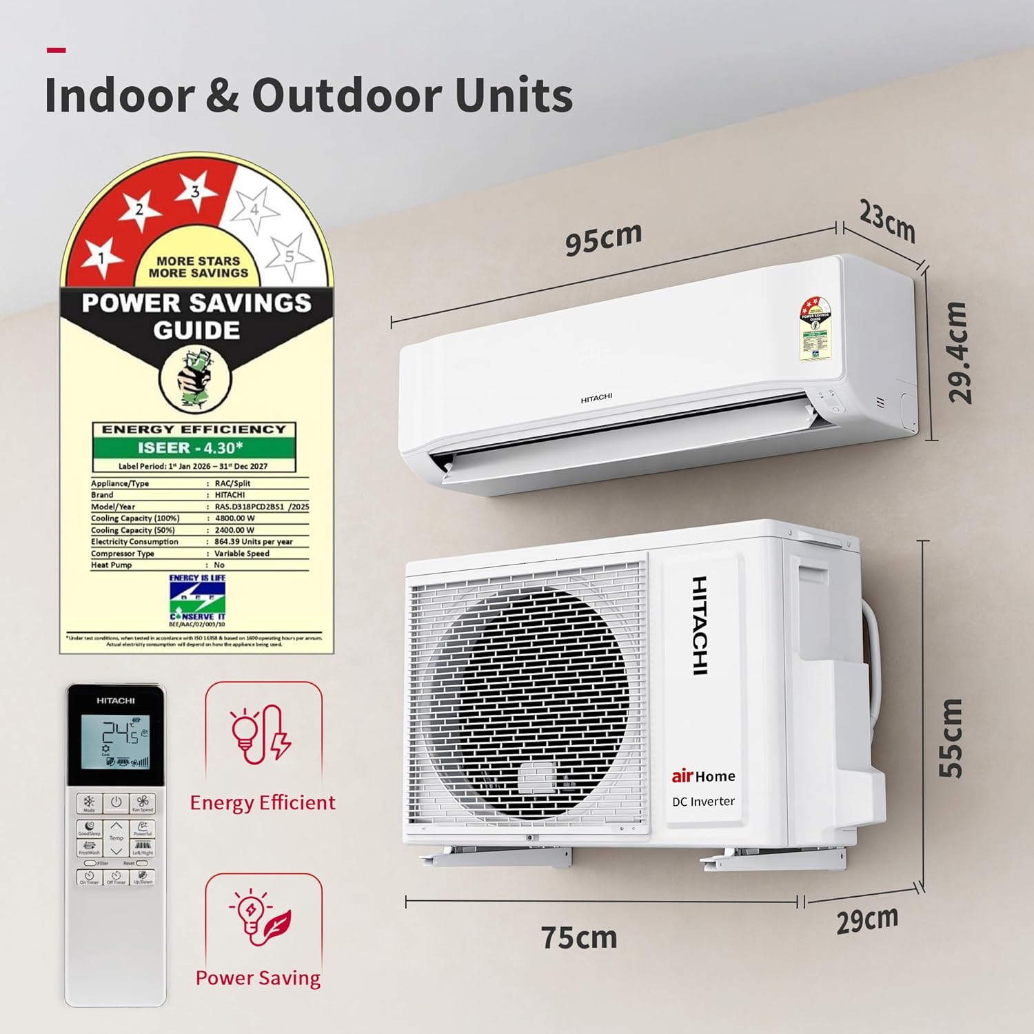 Hitachi 1.5 Ton 3 Star, New Star rated, Inverter Split AC(Copper, Smart View Display, 4 Way Swing,RAS.D318PCD2BS1, White)