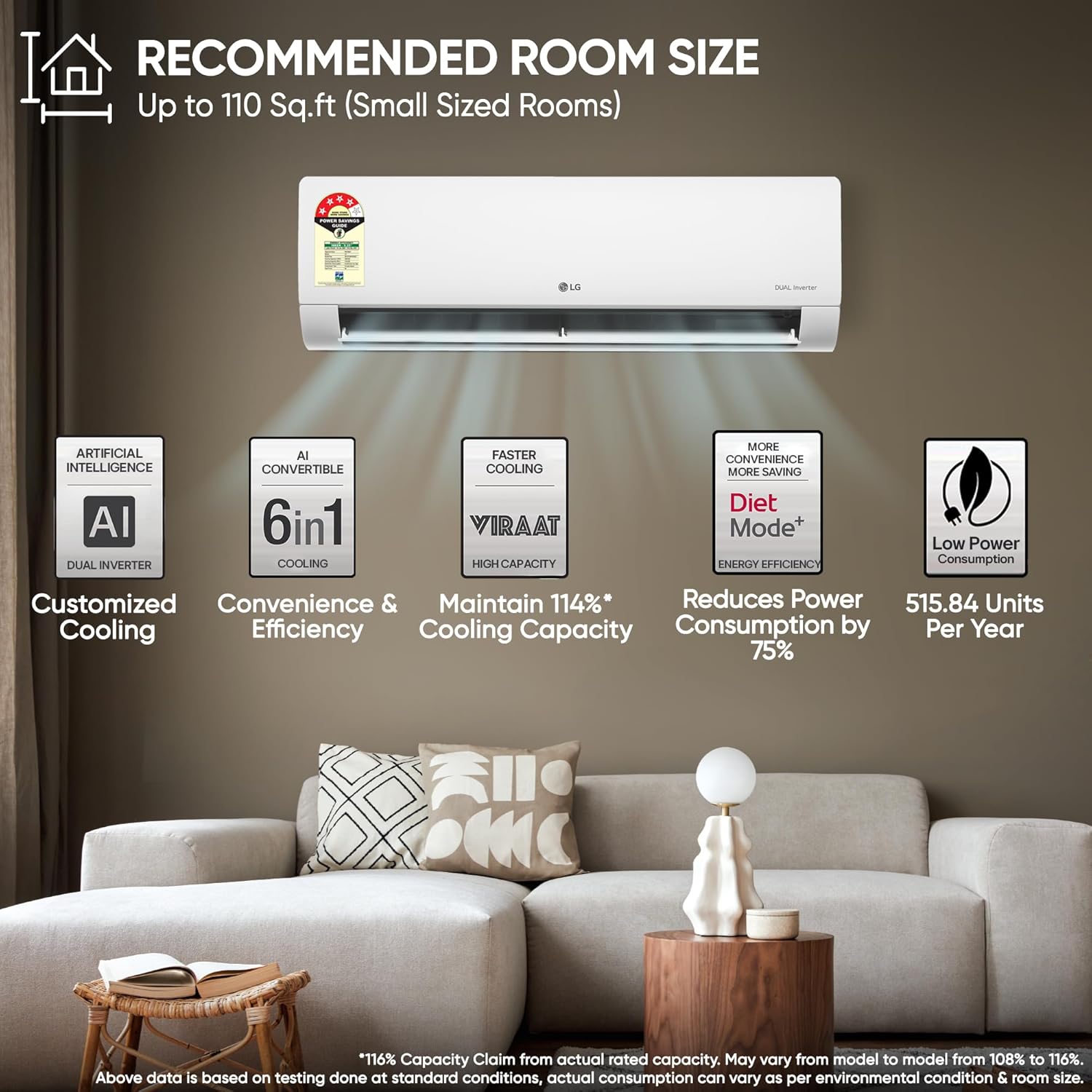 LG 1 Ton 4 Star,New star rated,DUAL Inverter Split AC (Copper, AI Convertible 6-in-1 with VIRAAT Mode,Faster Cooling & Energy Saving, 4 Way Swing, HD Filter with AntiVirus Protection,AS-Q13JNYE,White)