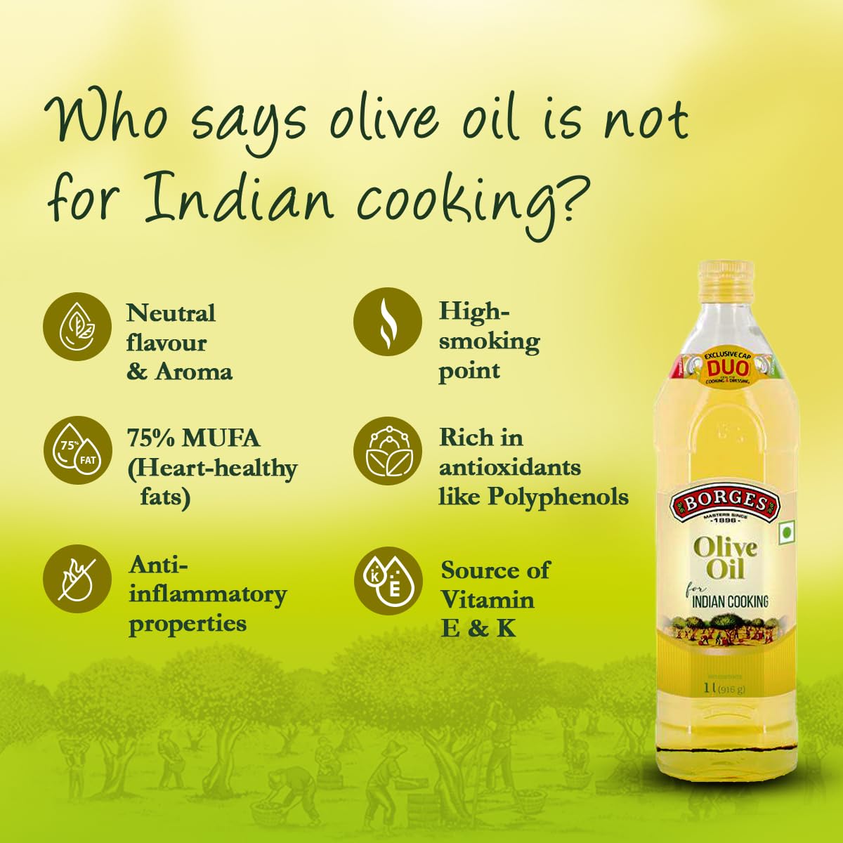 Borges Olive Oil for Indian Cooking - 2 L |Extra Light |Packed in Spain |Light Flavour |75% MUFA | Ideal for daily cooking: deep fry, tadka, curries