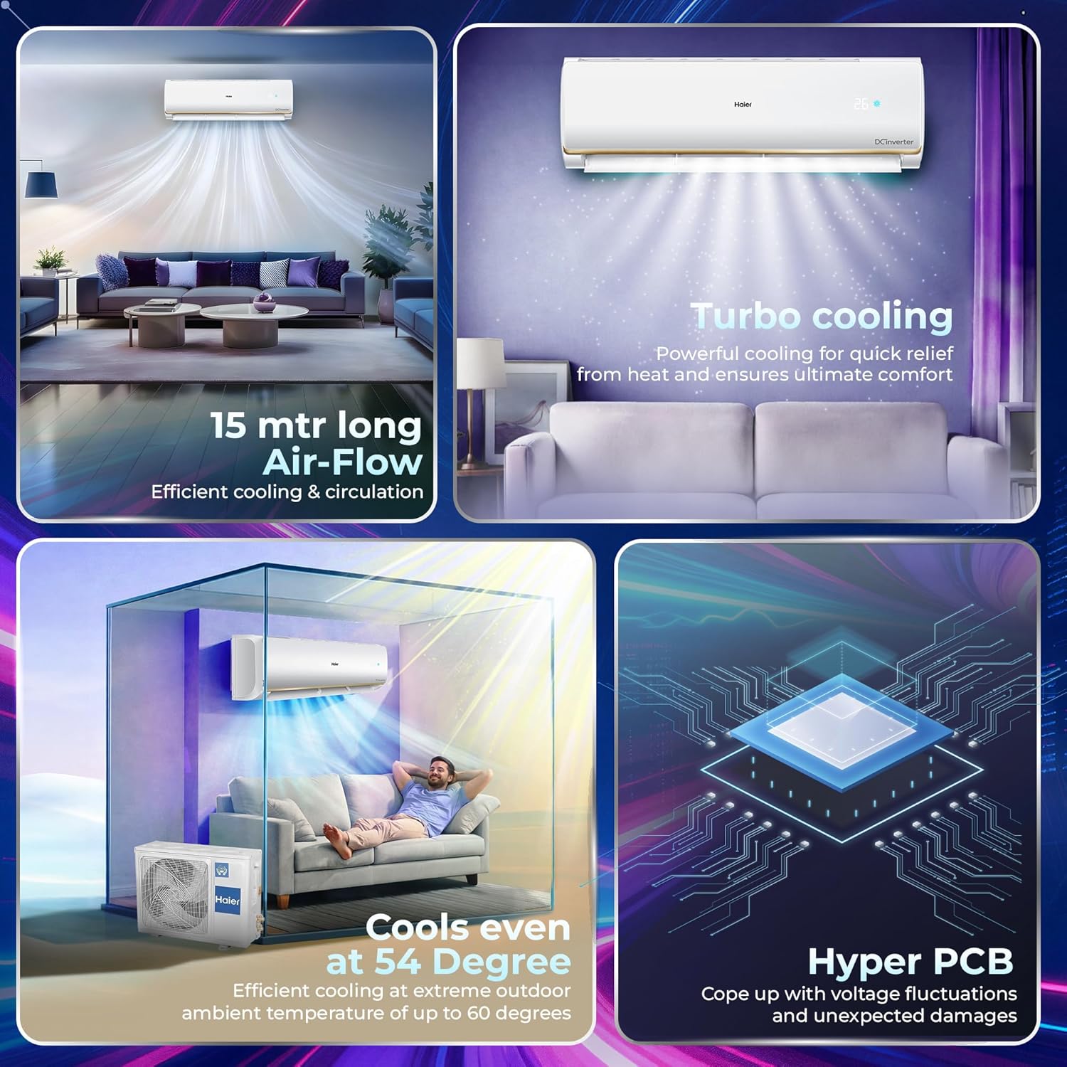Haier 1.5 Ton 3 Star Twin Inverter Split AC (Long Air Flow, HD Filter, 5 in 1 Convertible, Copper, 2-way Swing, Turbo Cooling even at 54°C, 2026 Model, White)-HSA17VP-R3NB-I