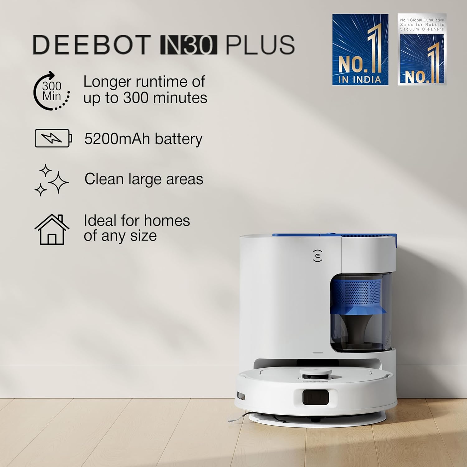 ECOVACS DEEBOT N30 Plus White 2 in 1 Robot Vacuum & Mop, 2025 New Launch, Bagless Eco-Friendly Multi-Cyclone Auto Empty Station, 10000 Pa Suction, 5200mAh Battery, Covers 3500+sq ft, Zero Tangle 2.0
