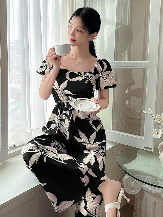 LITZO Dress for Women | Long Rayon Dress for Women's | Floral Wide Leg Long Jumpsuit with Pockets | Regular Jumpsuit for Women (137-138)