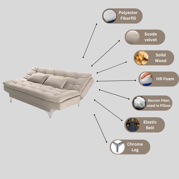 MATA Eagle Solid Wood 3 Seater Sofa Cum Bed Cream Suede Velevt Fabric with Two Cushions Perfect for Home Living Office Room and Guests (Cream, Medium)(3 Year Warranty)