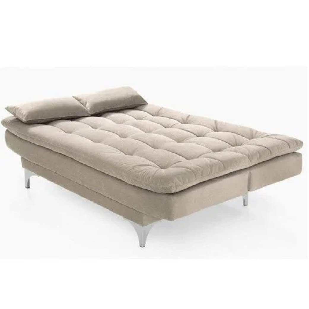 MATA Eagle Solid Wood 3 Seater Sofa Cum Bed Cream Suede Velevt Fabric with Two Cushions Perfect for Home Living Office Room and Guests (Cream, Medium)(3 Year Warranty)
