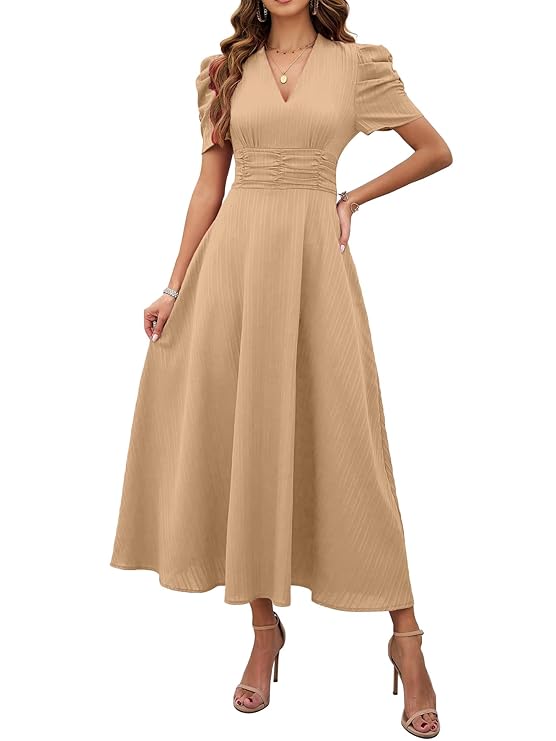 Shasmi Girl's & Women's Solid Color V-Neck A-Line Maxi Dress for Women | New Year Party Outfit | Waist Cinched Puff Sleeve Western | Elegant Casual Wear (Dress 246)