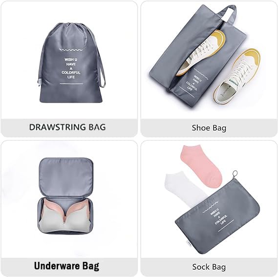 AVENUX 7pcs Set Travel Organizer Packing Cubes Lightweight Travel Luggage Organizers with Laundry Bag or Toiletry Bag Laundry Organiser (Grey, 7 PCS)