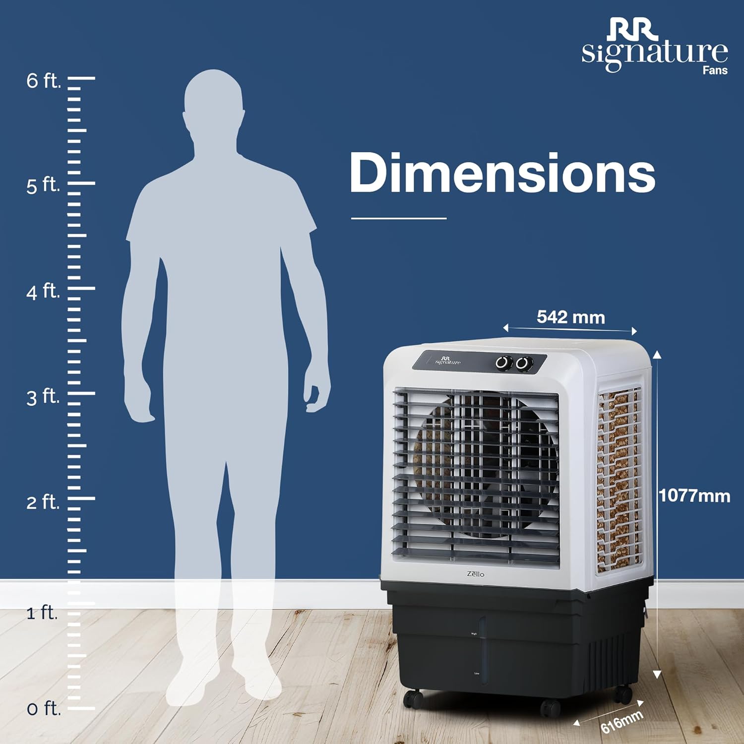 RR Signature Zello HC 90 LTR | Desert Air Cooler with High Air Delivery | Honeycomb Pads | 4-Way Air Deflection | Vertical Auto Swing | Castor Wheels | Inverter Compatibility | 1 Year Warranty by RR