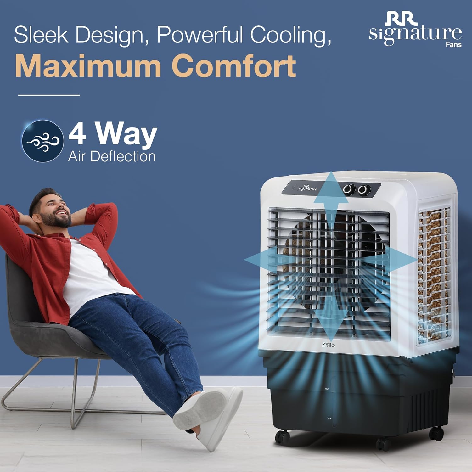 RR Signature Zello HC 90 LTR | Desert Air Cooler with High Air Delivery | Honeycomb Pads | 4-Way Air Deflection | Vertical Auto Swing | Castor Wheels | Inverter Compatibility | 1 Year Warranty by RR