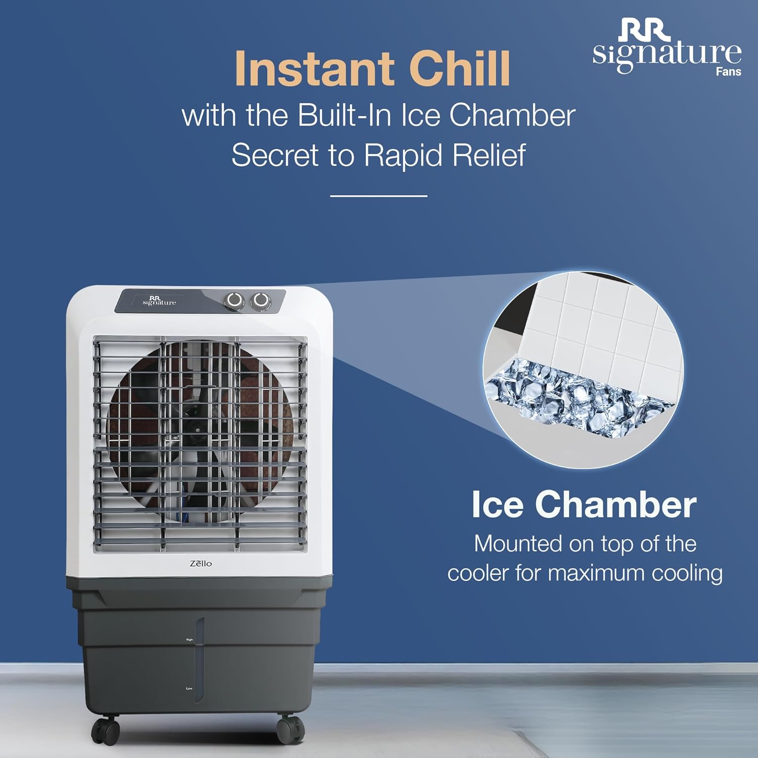 RR Signature Zello HC 90 LTR | Desert Air Cooler with High Air Delivery | Honeycomb Pads | 4-Way Air Deflection | Vertical Auto Swing | Castor Wheels | Inverter Compatibility | 1 Year Warranty by RR