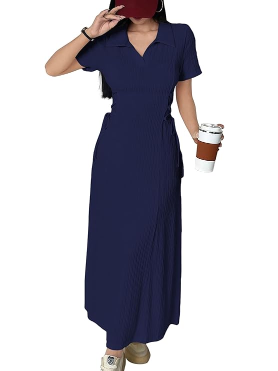 Shasmi Women’s Solid Color Applique Lace-Up Collared Short Sleeve, Side-Tie Waist Long Casual Maxi Women Dress Outfit Long Evening Midi Western Party Dress for Women (Dress 211)