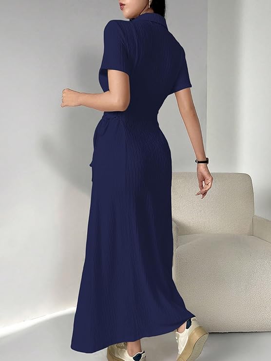Shasmi Women’s Solid Color Applique Lace-Up Collared Short Sleeve, Side-Tie Waist Long Casual Maxi Women Dress Outfit Long Evening Midi Western Party Dress for Women (Dress 211)
