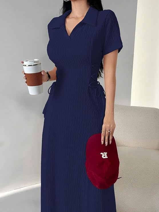 Shasmi Women’s Solid Color Applique Lace-Up Collared Short Sleeve, Side-Tie Waist Long Casual Maxi Women Dress Outfit Long Evening Midi Western Party Dress for Women (Dress 211)