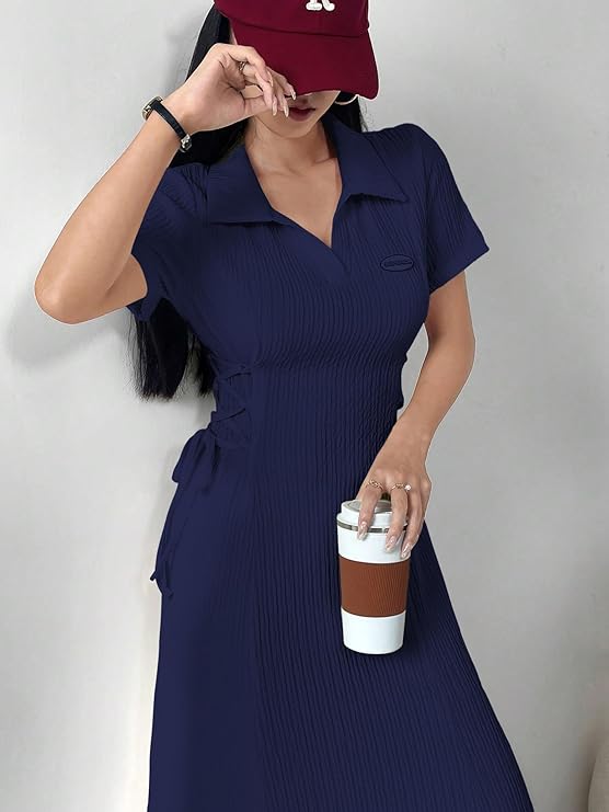 Shasmi Women’s Solid Color Applique Lace-Up Collared Short Sleeve, Side-Tie Waist Long Casual Maxi Women Dress Outfit Long Evening Midi Western Party Dress for Women (Dress 211)